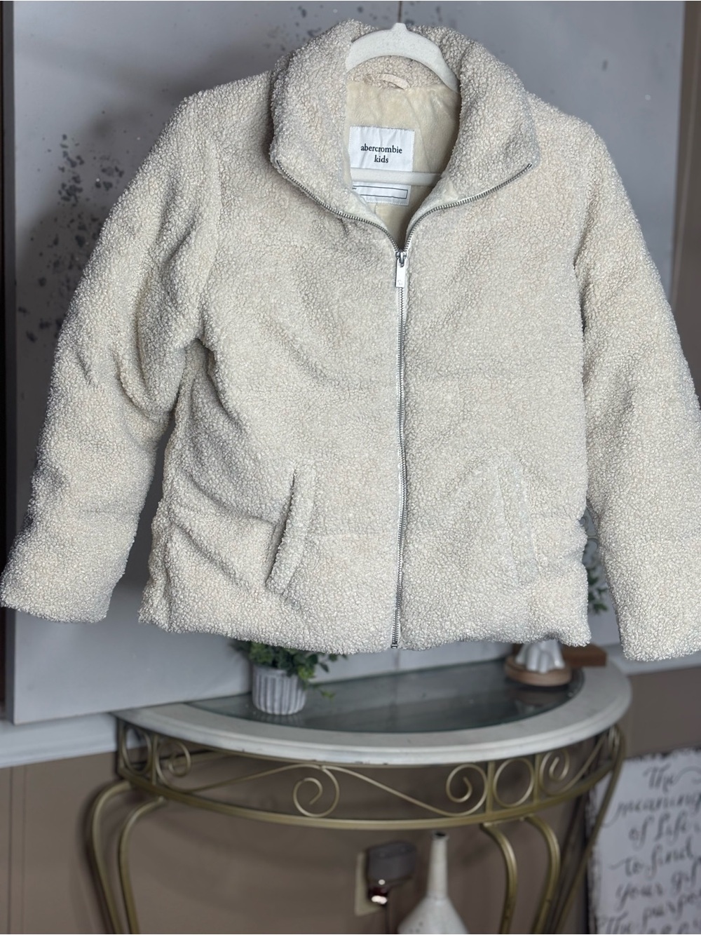 abercrombie kids Cream Zip-Front Sherpa Puffer Jacket